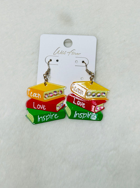 Teach Love Inspire Colorful Books Teacher Earrings