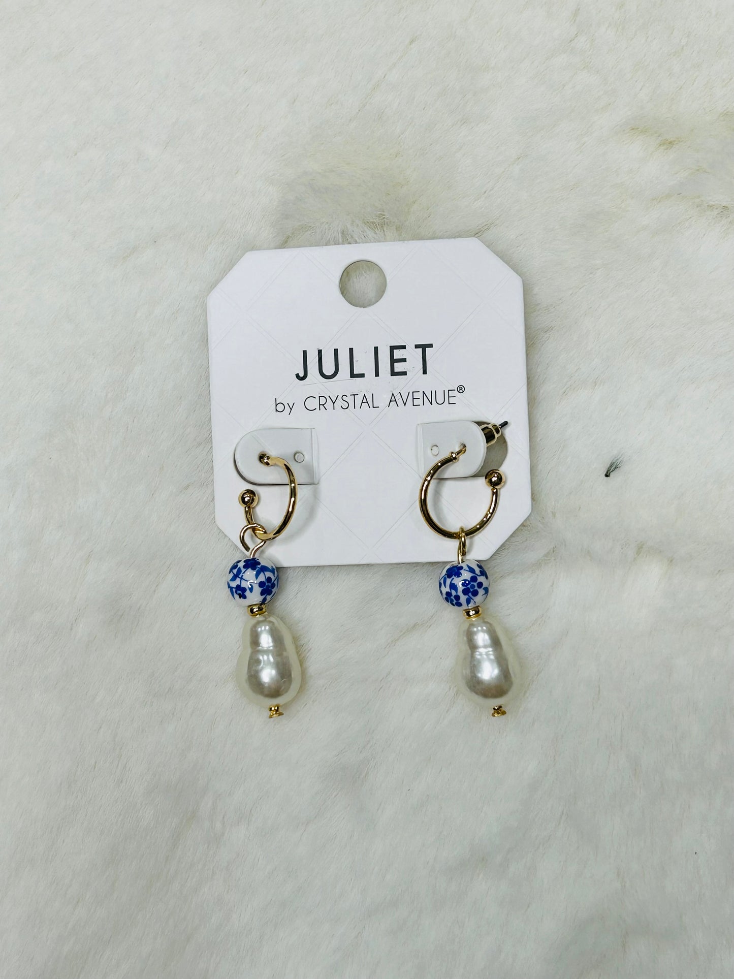 Stella Watercolor Blue/White Bead Pearl Dangle Earrings