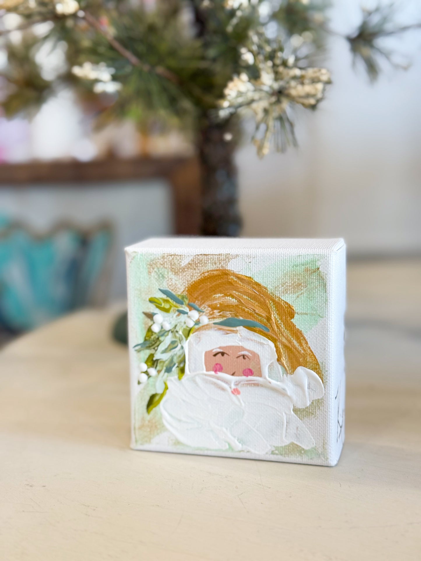 4x4 Sage Green Vintage Santa — Hand-Painted Art