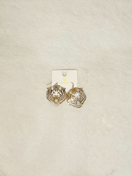 Gold Tiger Face Outline Hanging Earrings