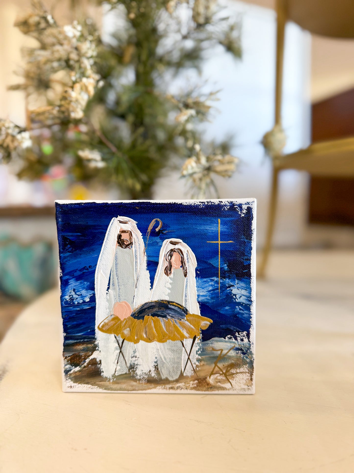 6x6 Navy Blue Holy Night Nativity — Hand-Painted Art