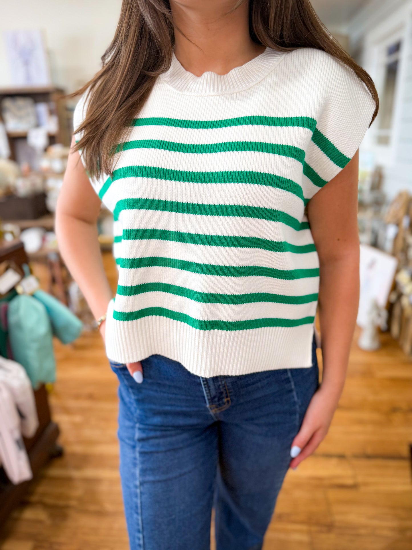 Oversized Crew Neck Stripe Sweater Vest- Kelly Green