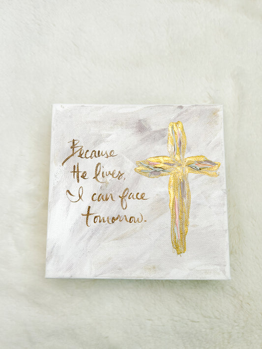 6x6 Because He Lives Gold Cross