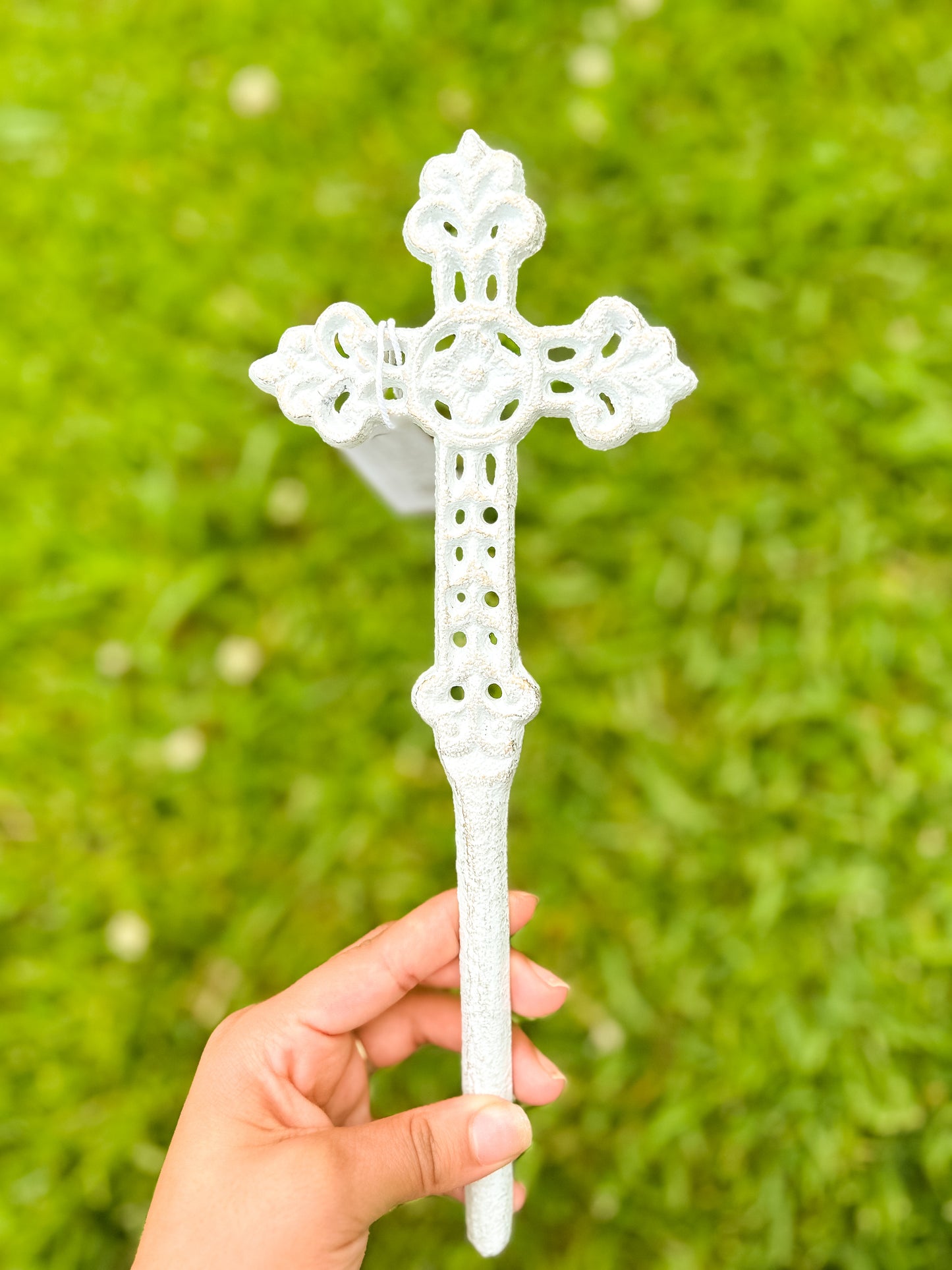 White Mini Cast Iron Cross Stake
