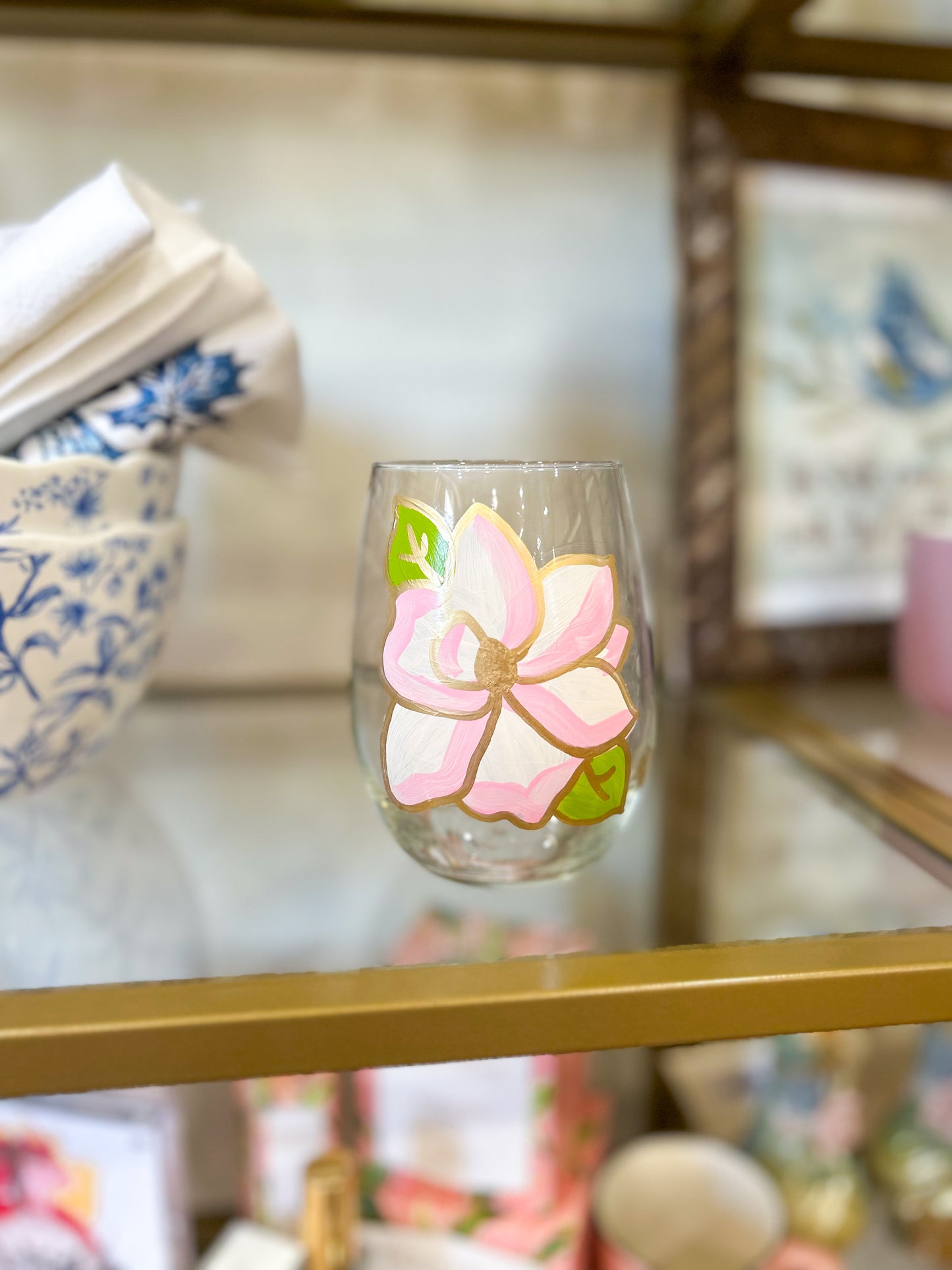 Magnolia Hand-Painted Wine Glass