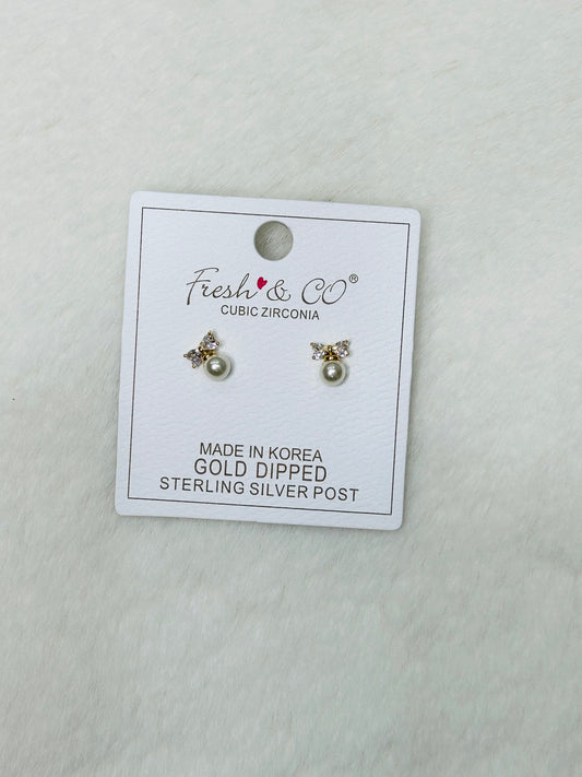 Noelle Mini Diamond Bow Pearl Stud Earrings