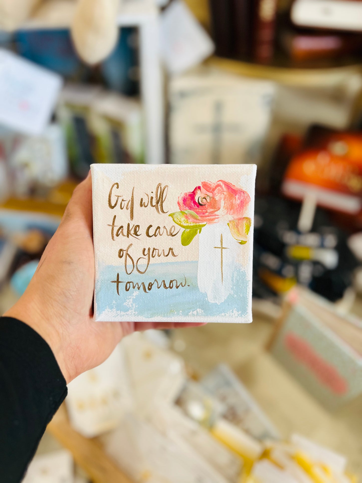 4x4 God Will Take Care of Your Tomorrow with Pink Flower Vase Canvas Art