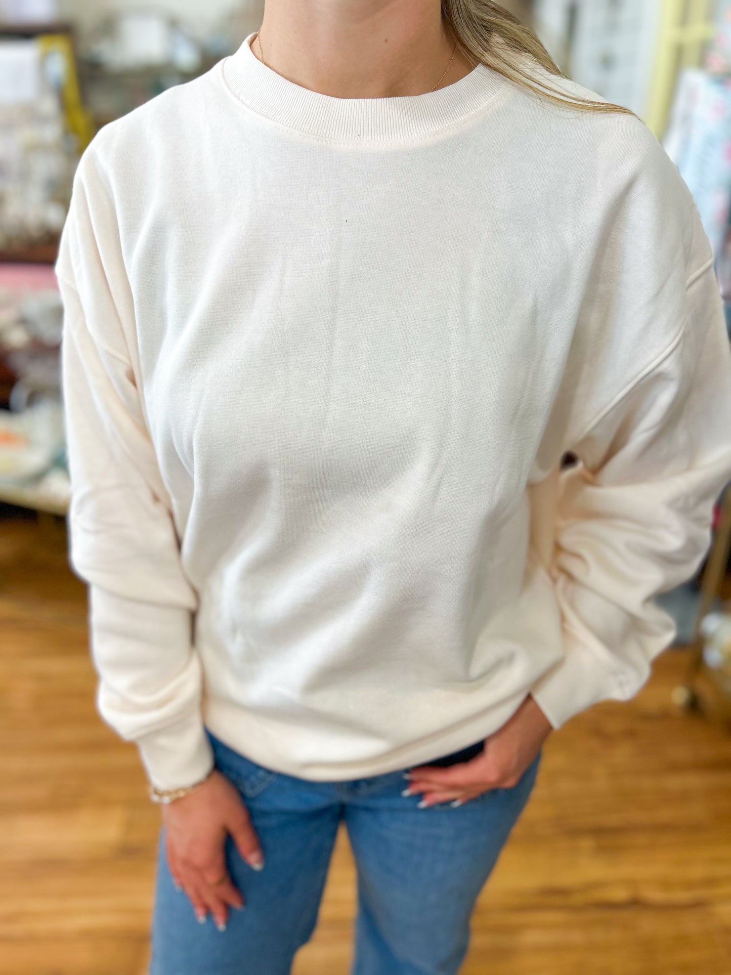 Fleece Crewneck Pullover Sweatshirt- Cream
