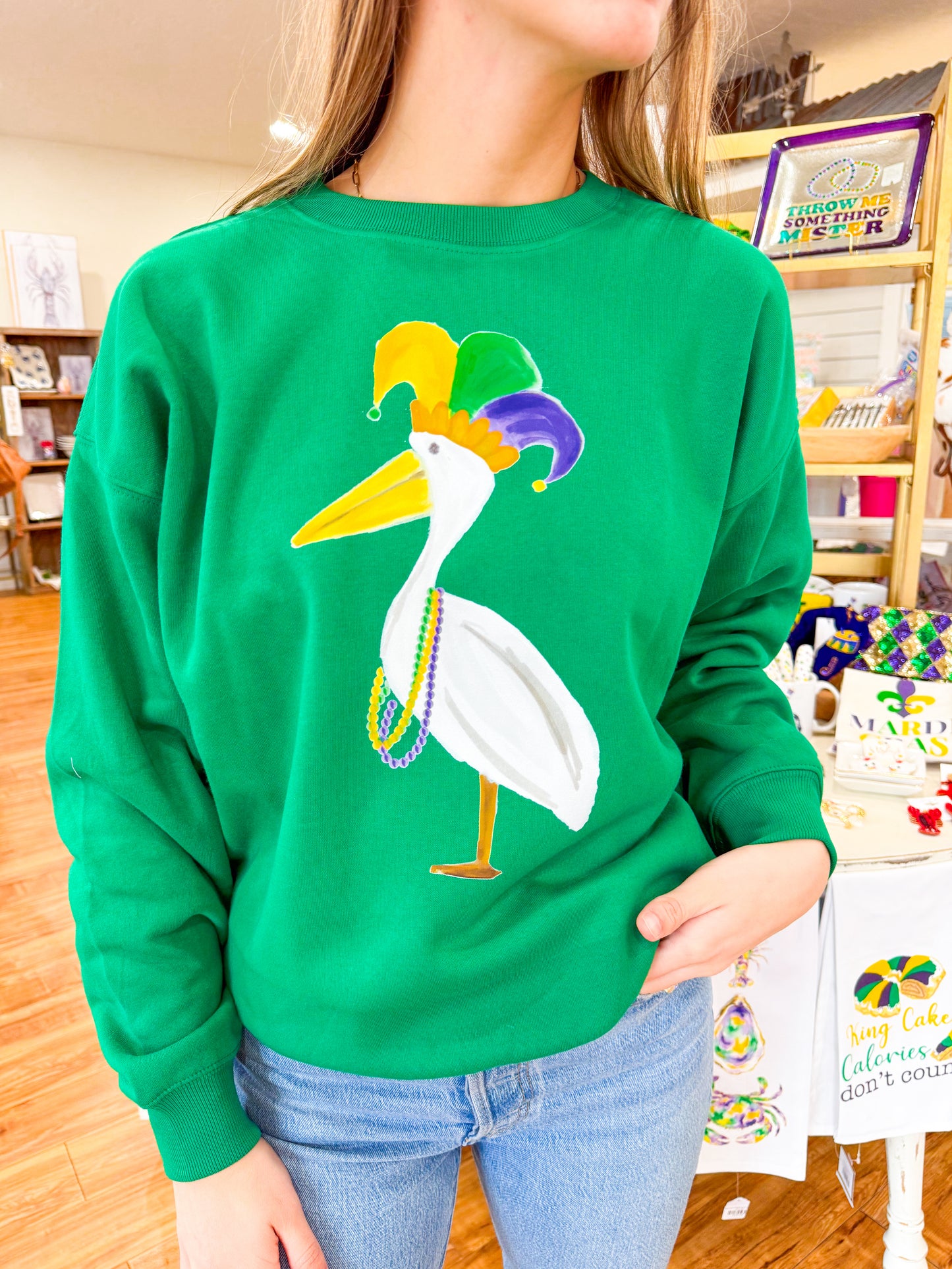 Sample- Green Mardi Gras Jester Pelican Sweatshirt