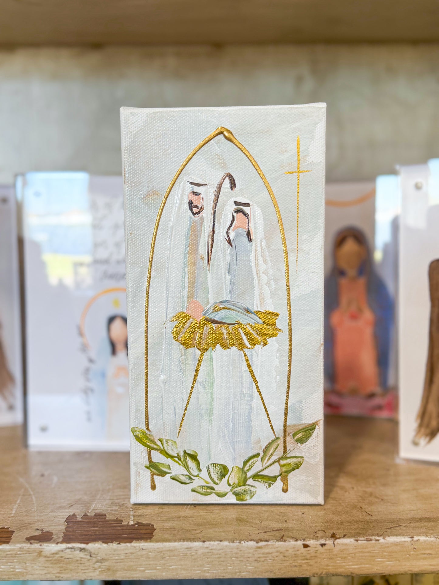 4x8 Mary, Joseph, & Baby Jesus with Greenery Grey — Hand-Painted Art