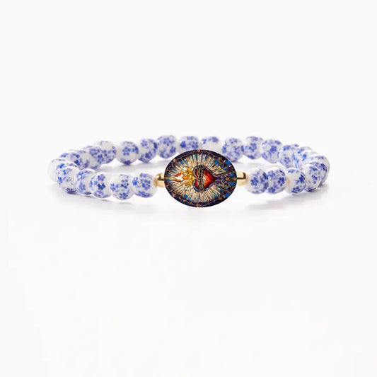 Holy Water Sacred Heart Bracelet - Porcelain Beads- Blue Porcelain Gold Spacers