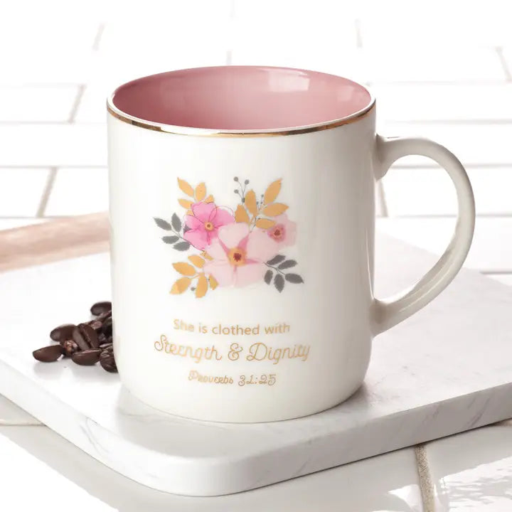 Mug White/Pink Floral Strength & Dignity