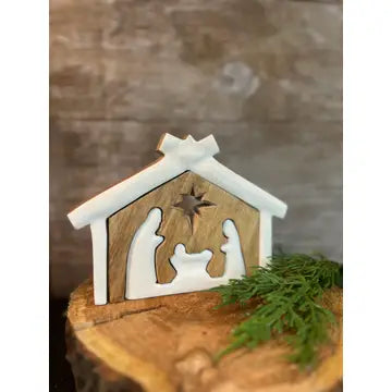 Wooden Nativity with White Enamel