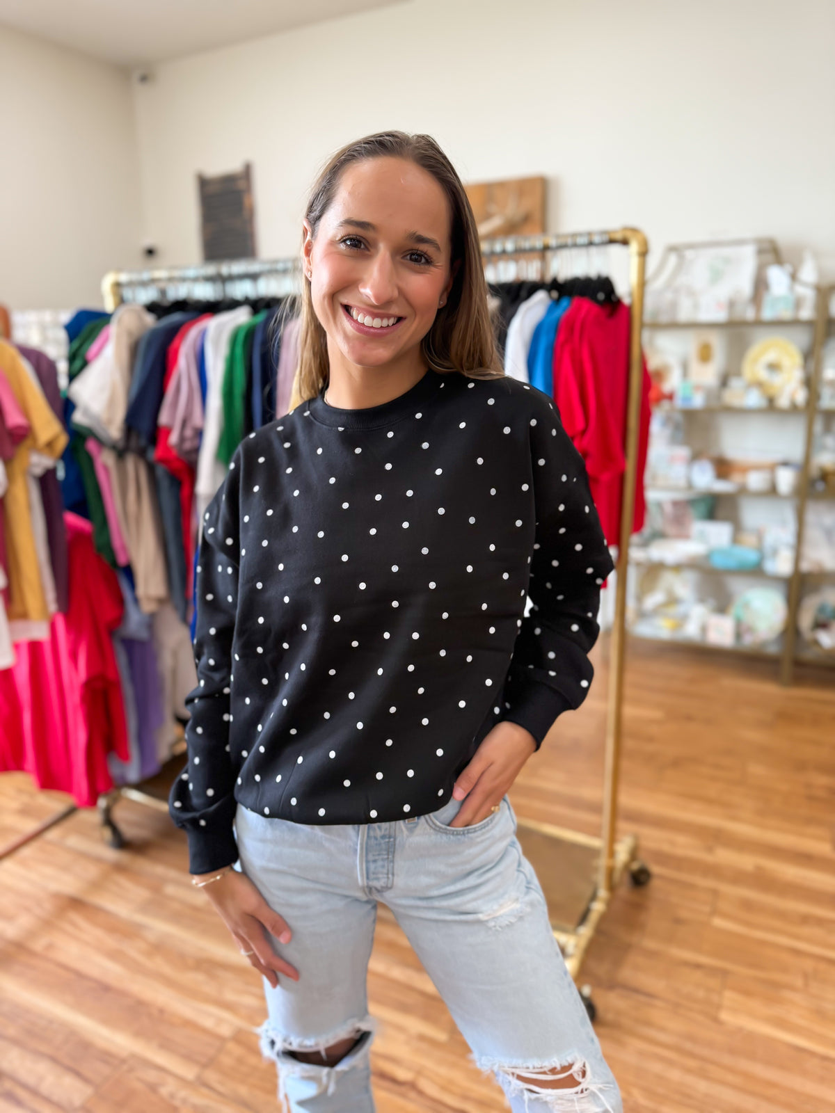 Fleece Babe Polka Dot Crew Neck Sweatshirt- Black
