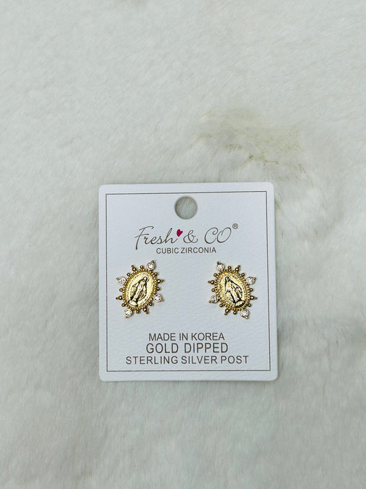 Morning Star Miraculous Medal Gold & Diamond Stud Earrings