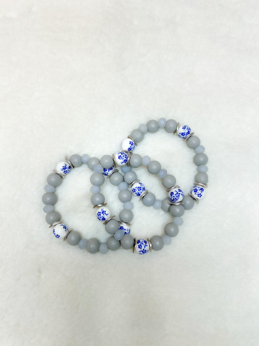 Grey Beaded Bracelet with Blue Floral Beads