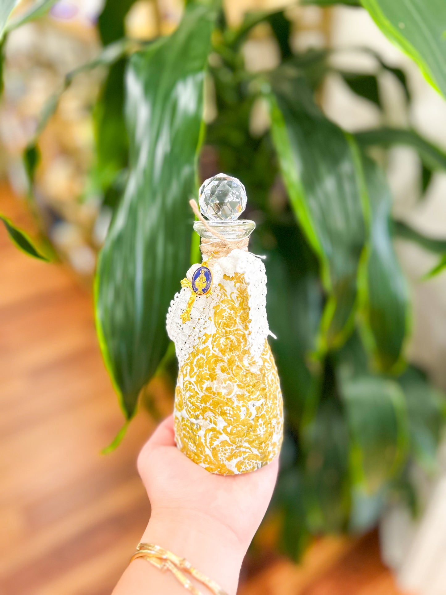 Gold Floral Holy Water Container with Charms