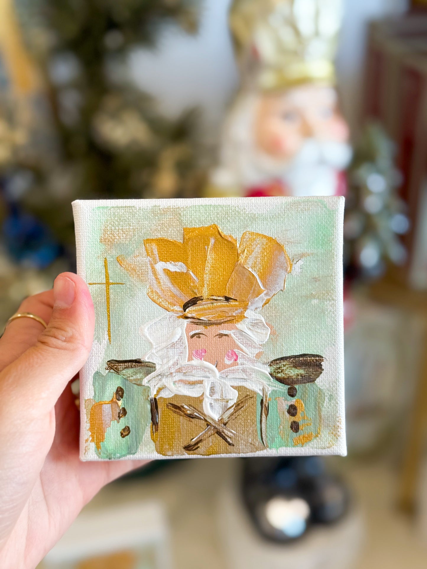 4x4 Mint/Gold Classic Christmas Nutcracker — Hand-Painted Art