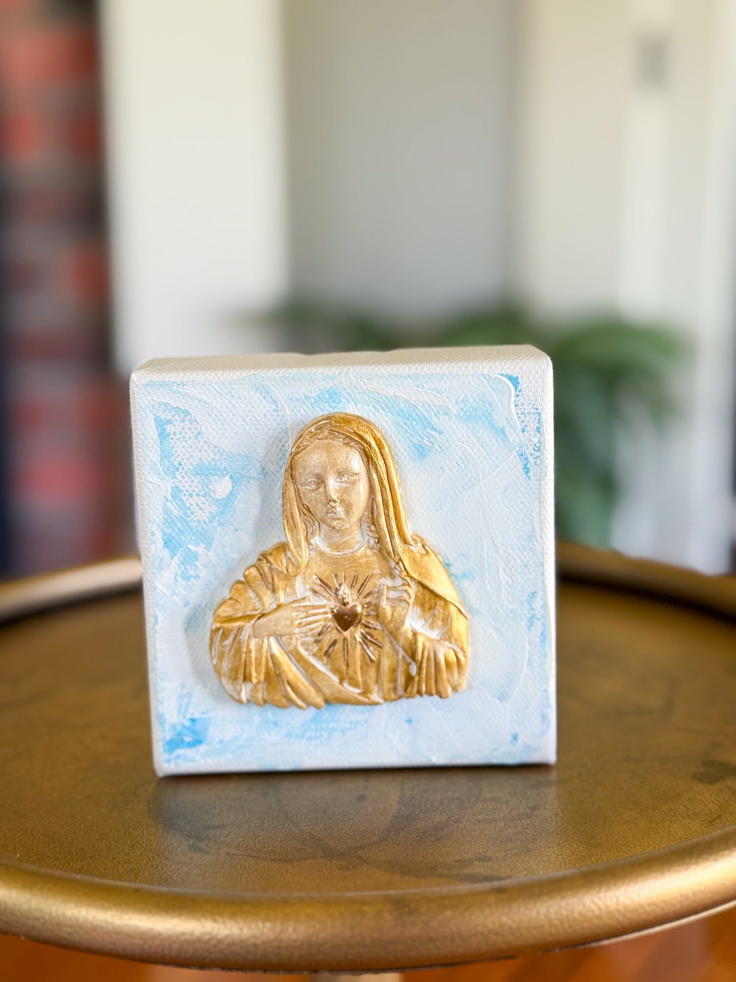 Immaculate Heart of Mary- Silhouette Gold on 4x4 Blue/White Canvas