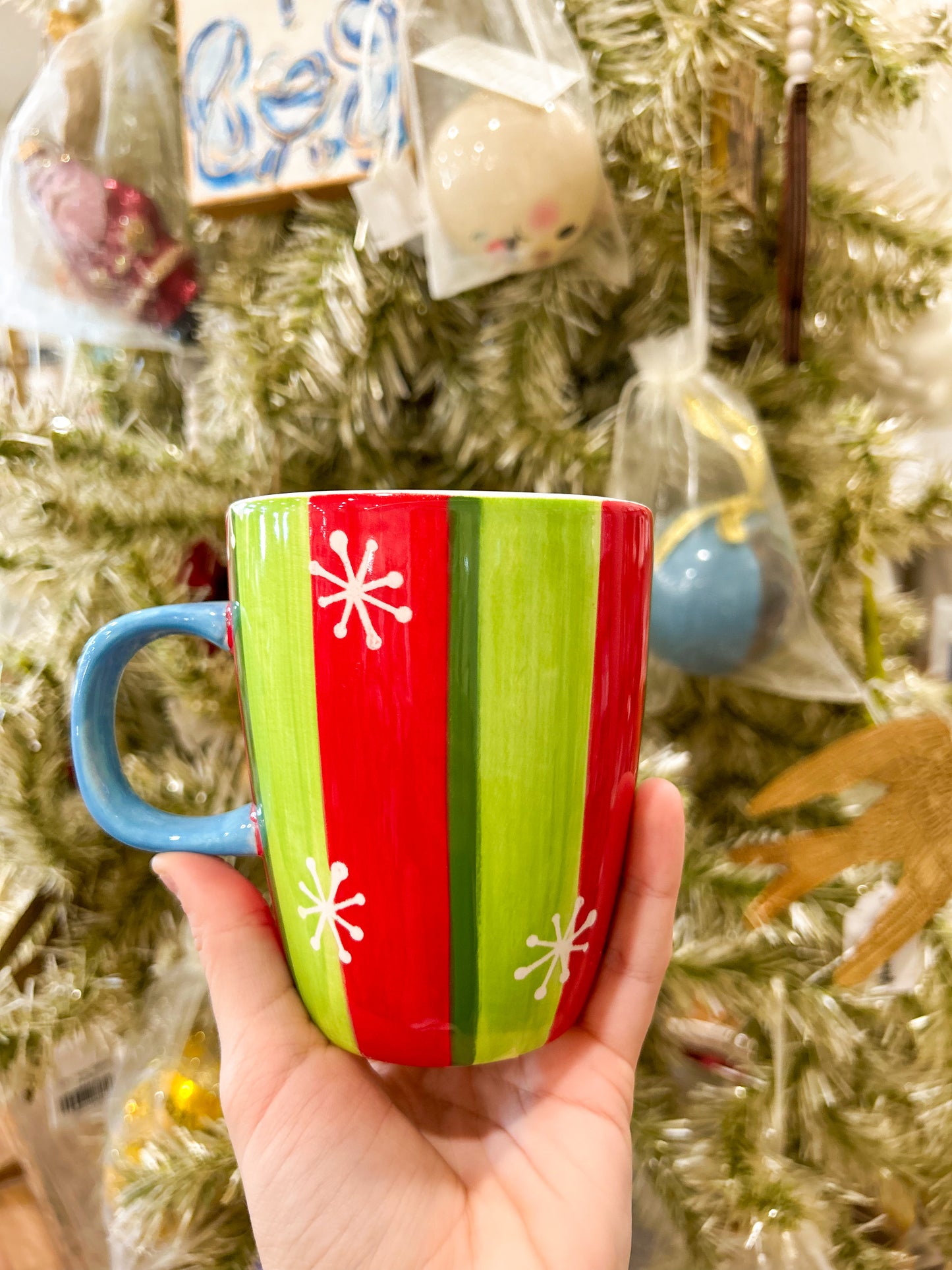 Red and Green Stripes Snowflake Mug