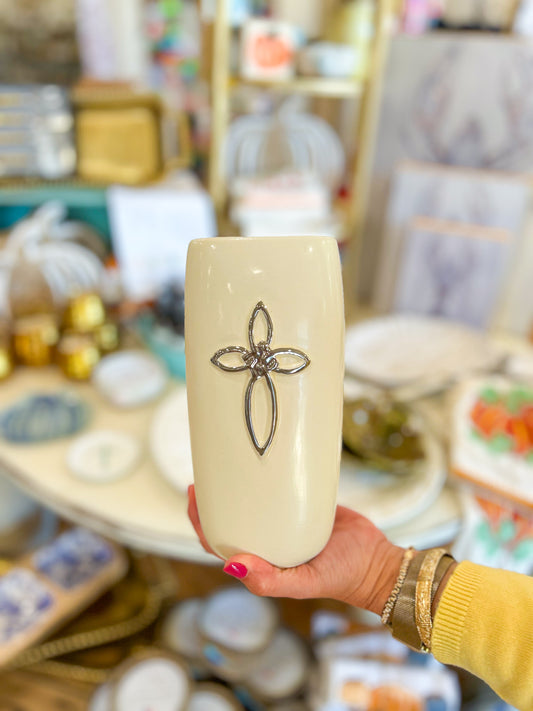 8" Ceramic Vase with Silver Cross