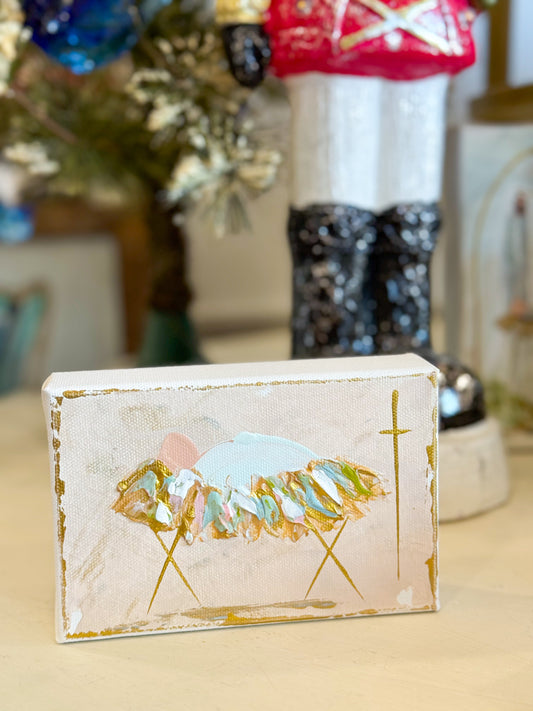 6x4 Neutral Pink Jesus in the Manger — Hand-Painted Art