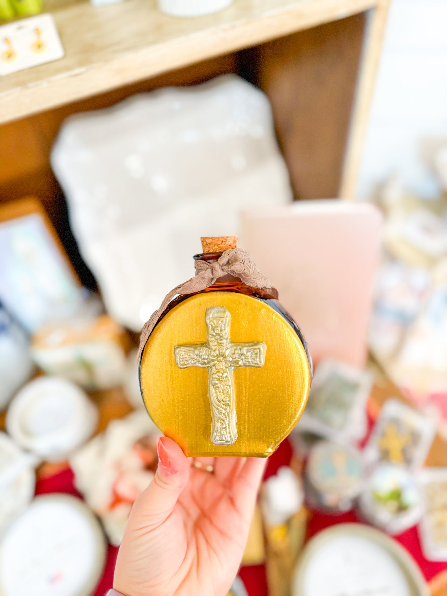 Bronze Cross Holy Water Container- Taupe Lace