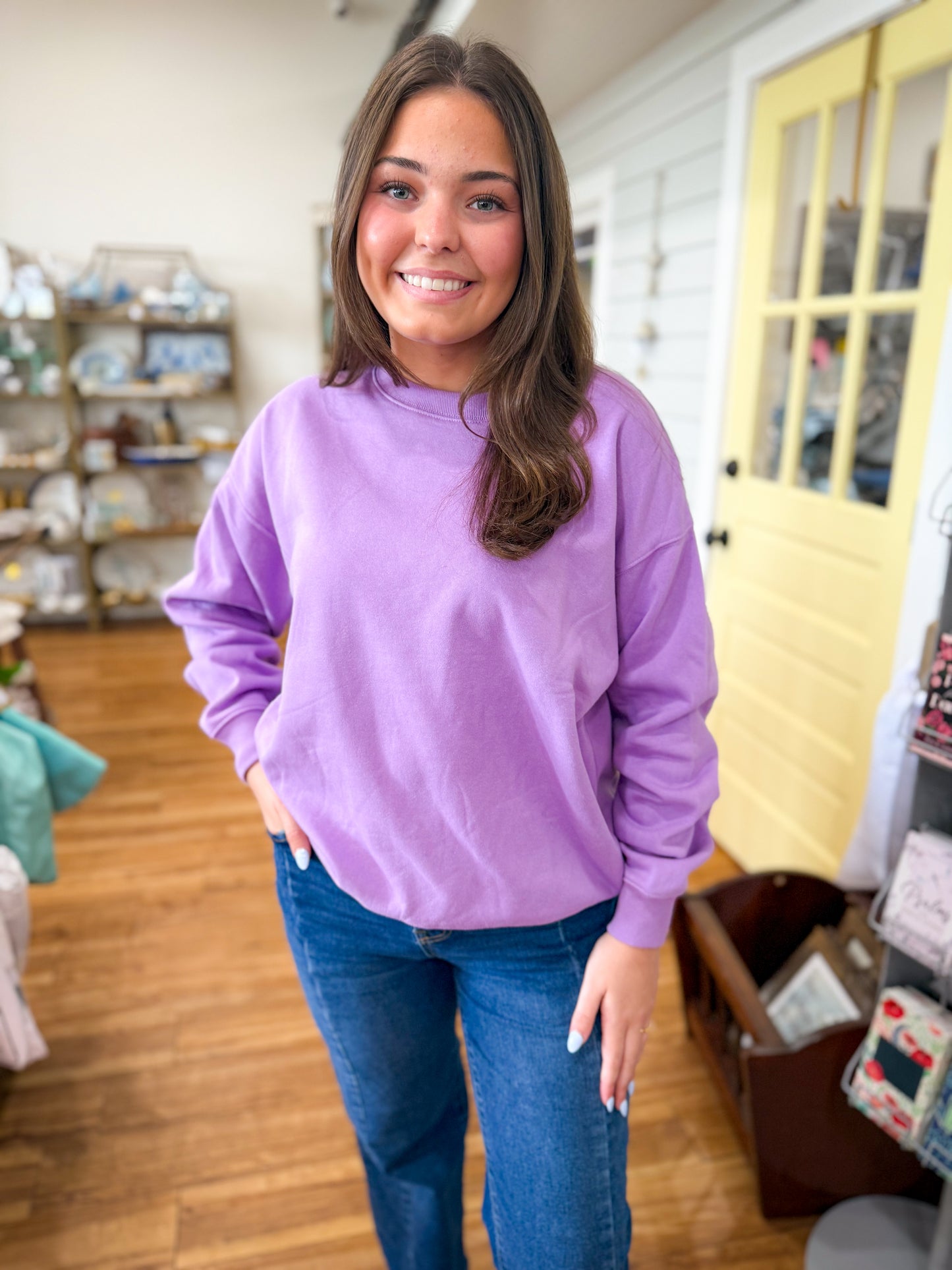 Fleece Crewneck Pullover Sweatshirt- Bright Lavender