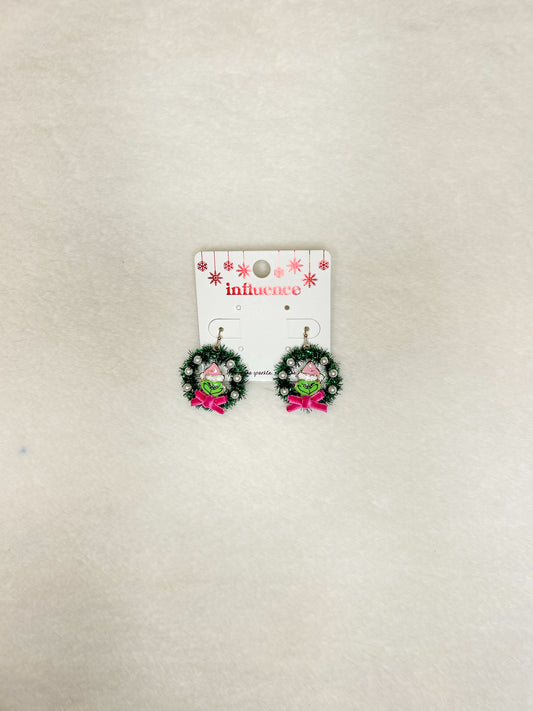 Grinch Wreath with Pearls Earrings