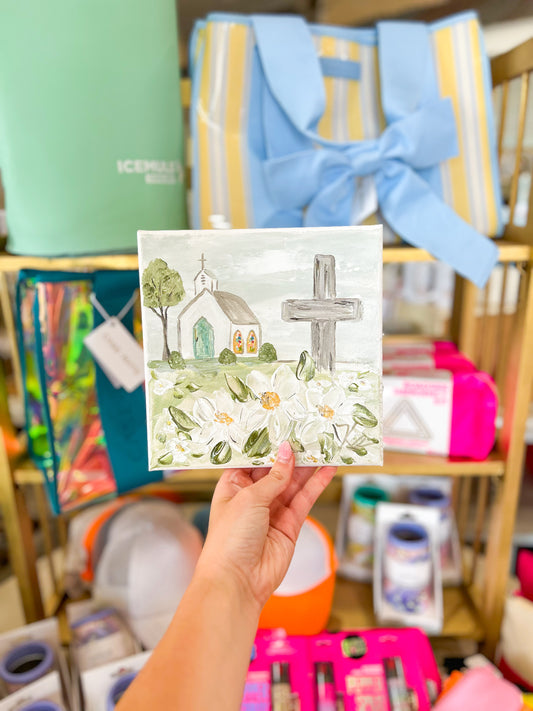 8x8 Magnolia Flowers with Church and Cross Canvas