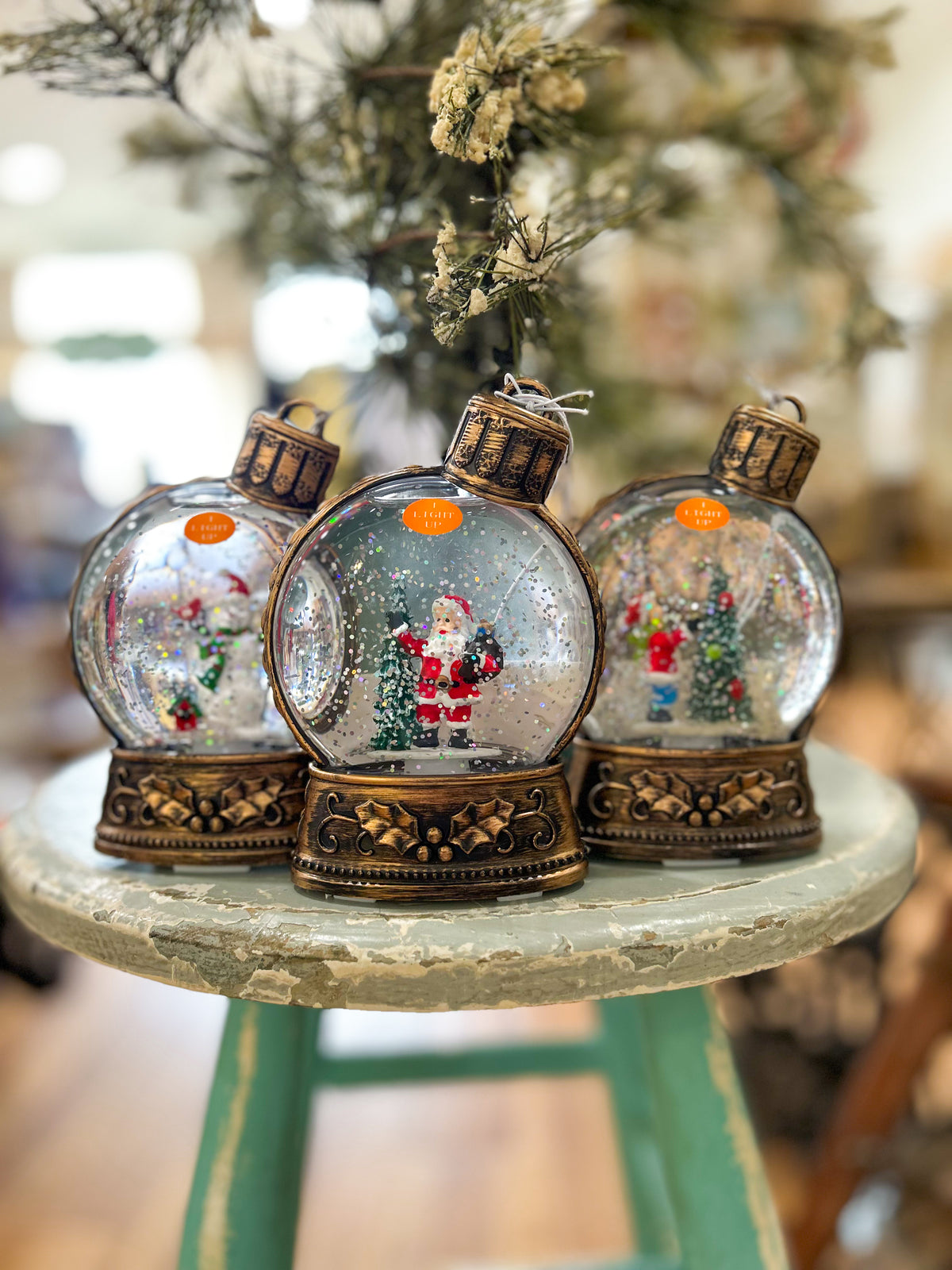 Flat Snowglobe Ornament-- Santa, Child at Christmas, & Snowman