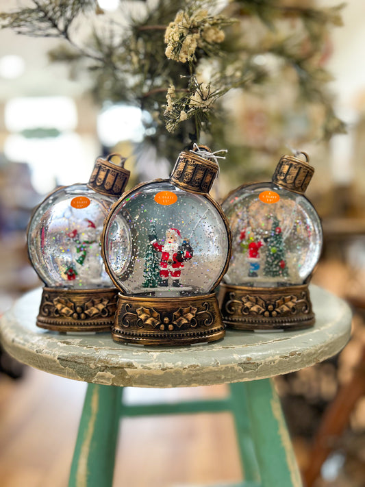 Flat Snowglobe Ornament-- Santa, Child at Christmas, & Snowman