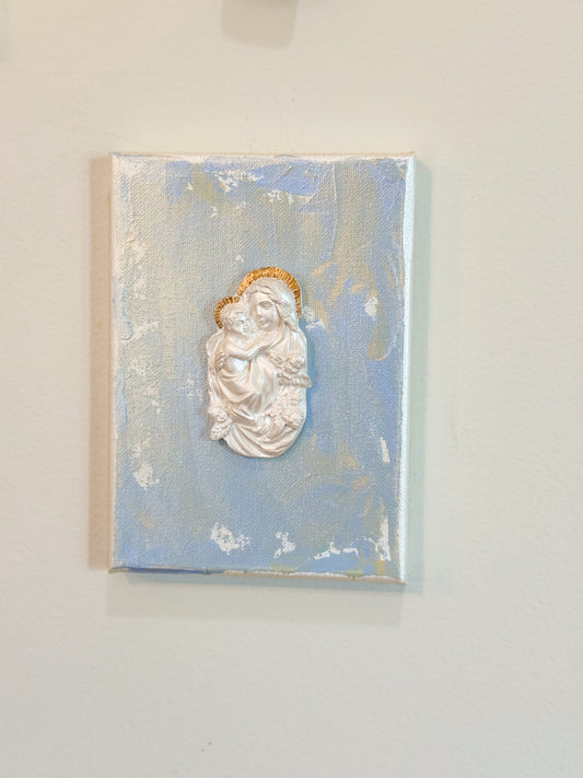 Madonna & Child on 4x4 Dusty Blue Canvas