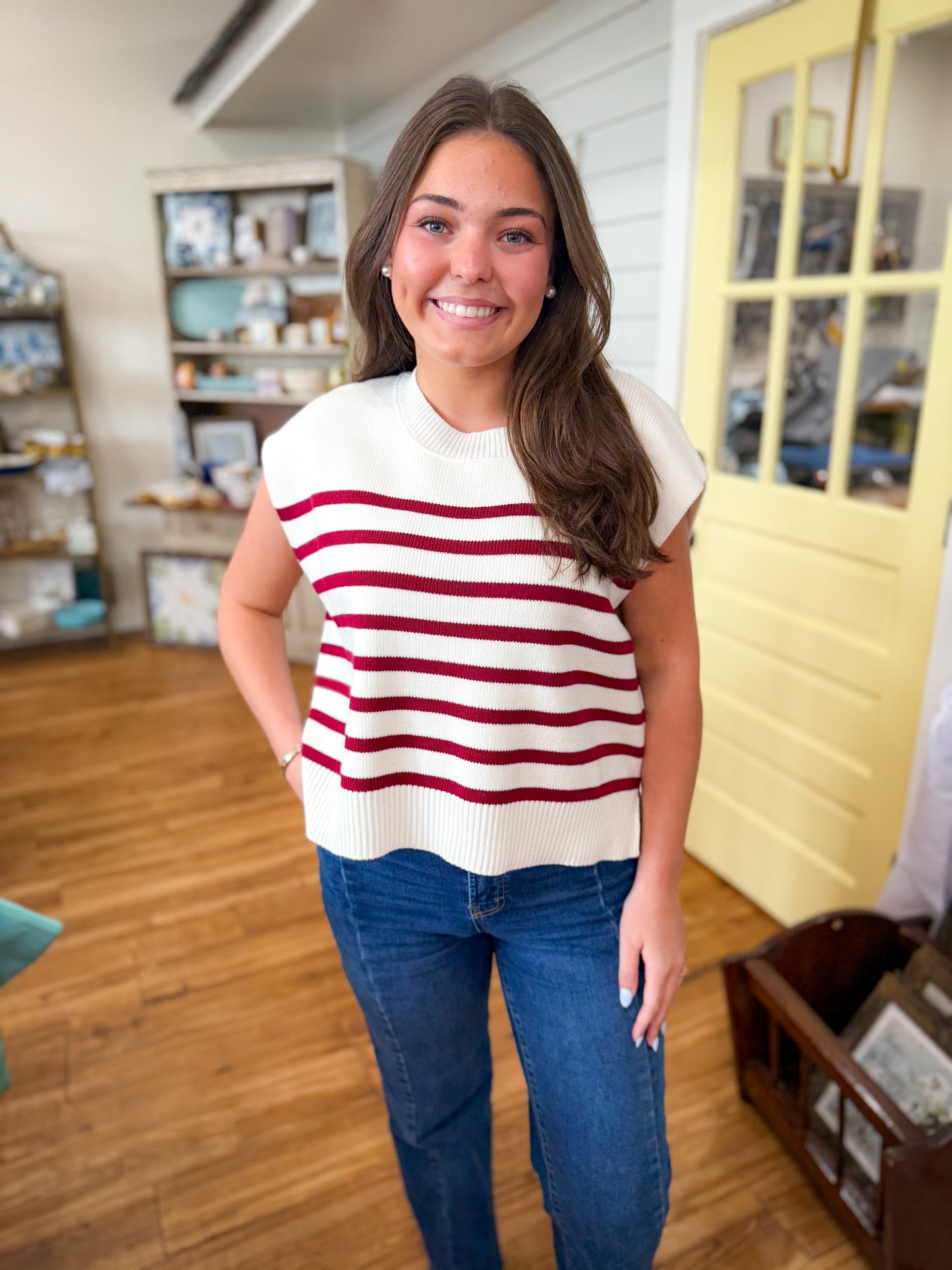 Oversized Crew Neck Stripe Sweater Vest- Maroon
