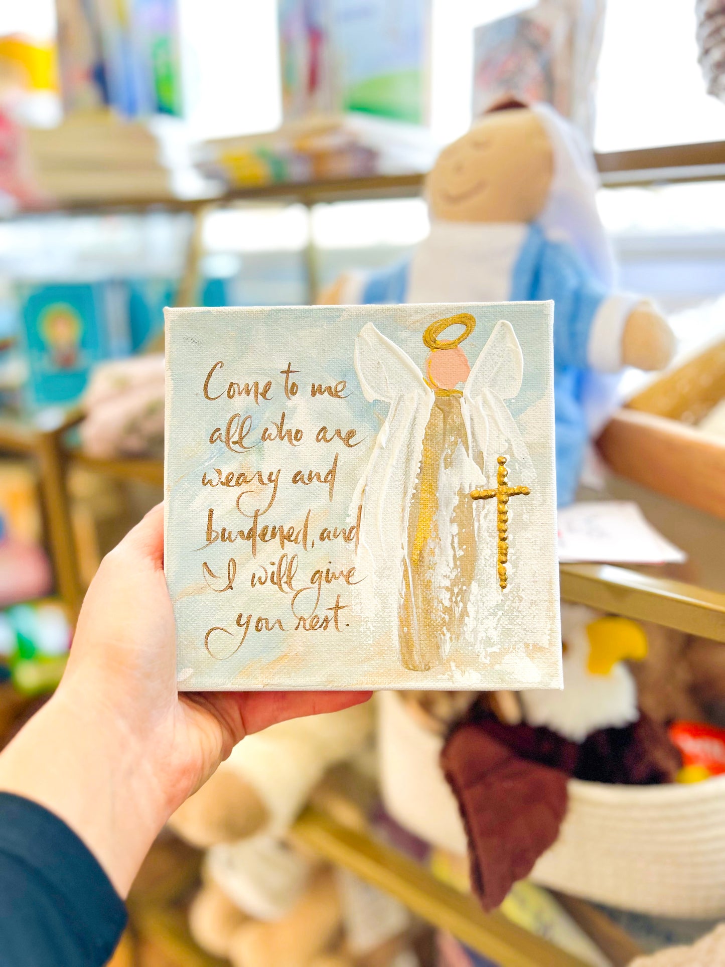 6x6 Come To Me All Gold Angel with Blue Background