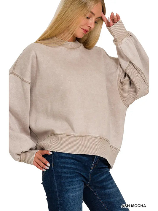 Acid Wash Fleece Oversized Pullover- Ash Mocha