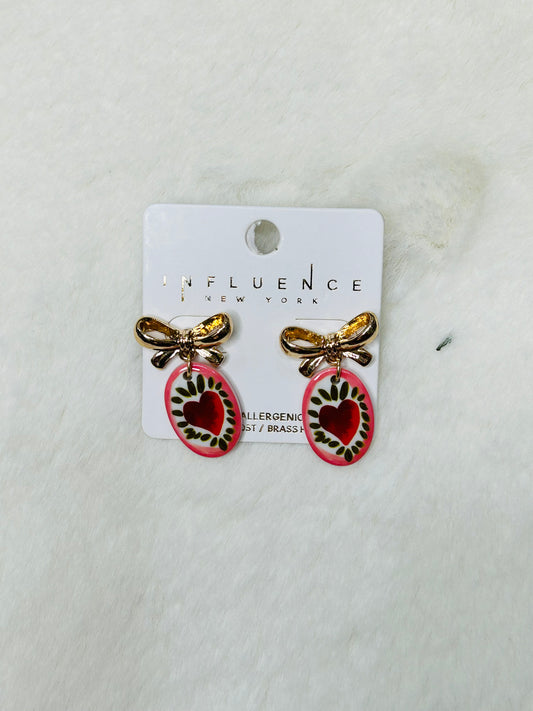 Lucia Gold Bow Pink/Red Watercolor Earrings