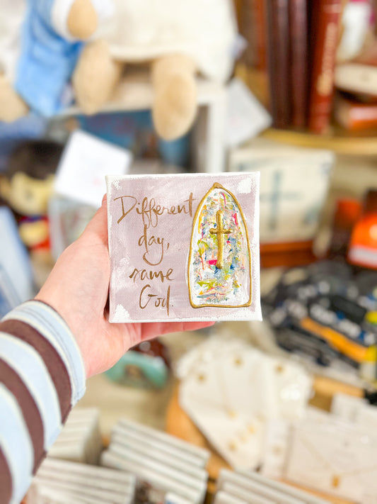 4x4 Different Day, Same God with Purple Background Canvas Art