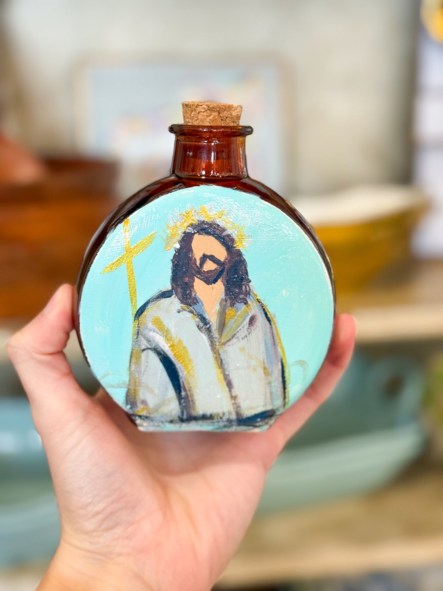 Christ Our Savior Holy Water Vessel- Brown Glass
