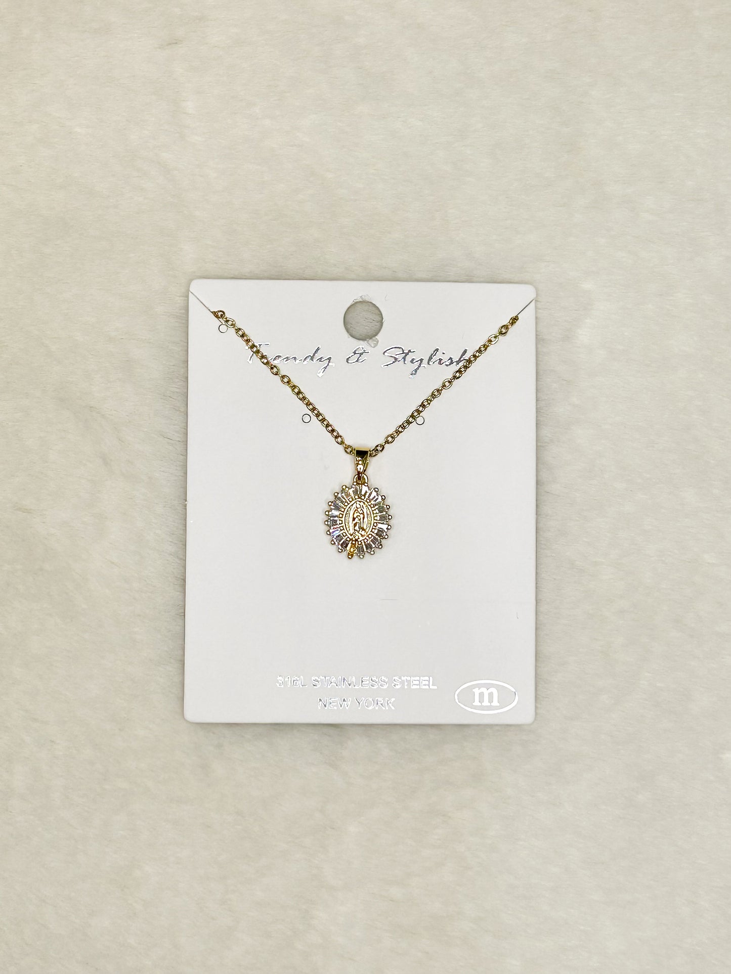 Oval Our Lady of Guadelupe Necklace Mary Gold/Diamonds