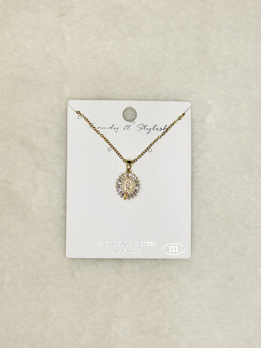 Oval Our Lady of Guadelupe Necklace Mary Gold/Diamonds