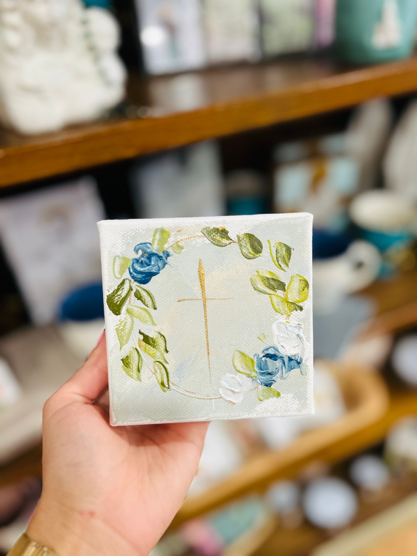 4x4 Skinny Gold Cross with Blue Gold Leaves 3