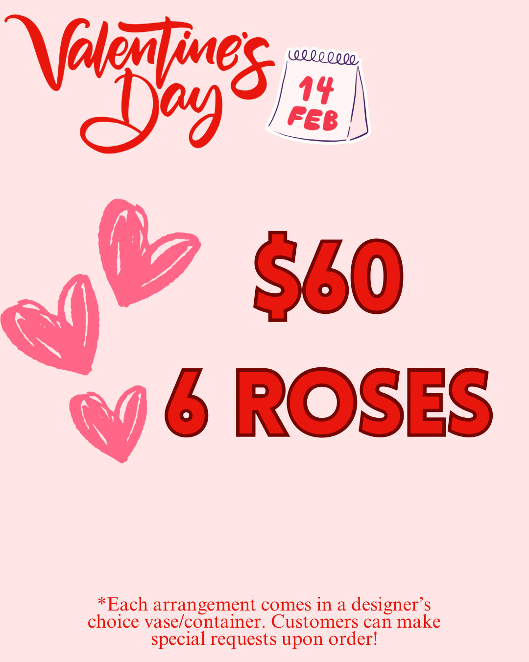 $60- 6 Roses Valentine's Day Arrangement