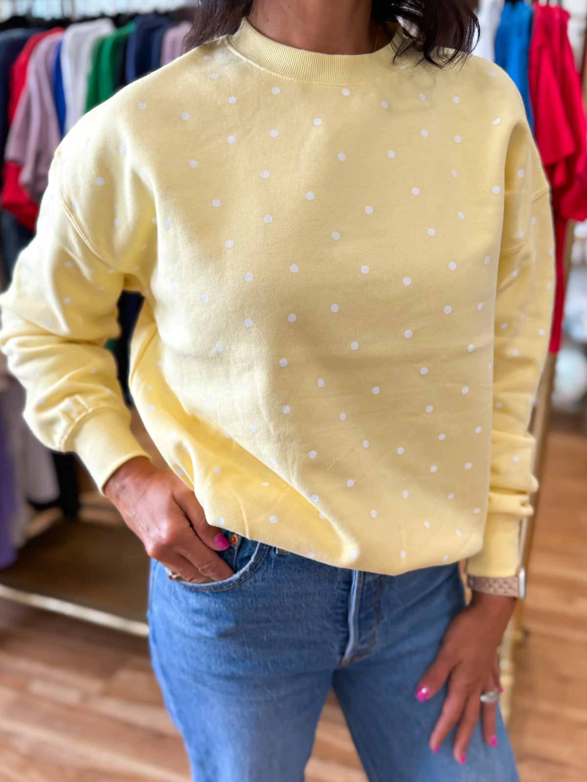 Fleece Babe Polka Dot Crew Neck Sweatshirt- Light Yellow