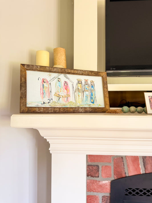 Divine Arrival Corlorful Nativity Framed Art 12x24