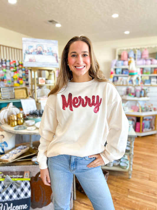 Sequin Merry Christmas Sweatshirt- Cream
