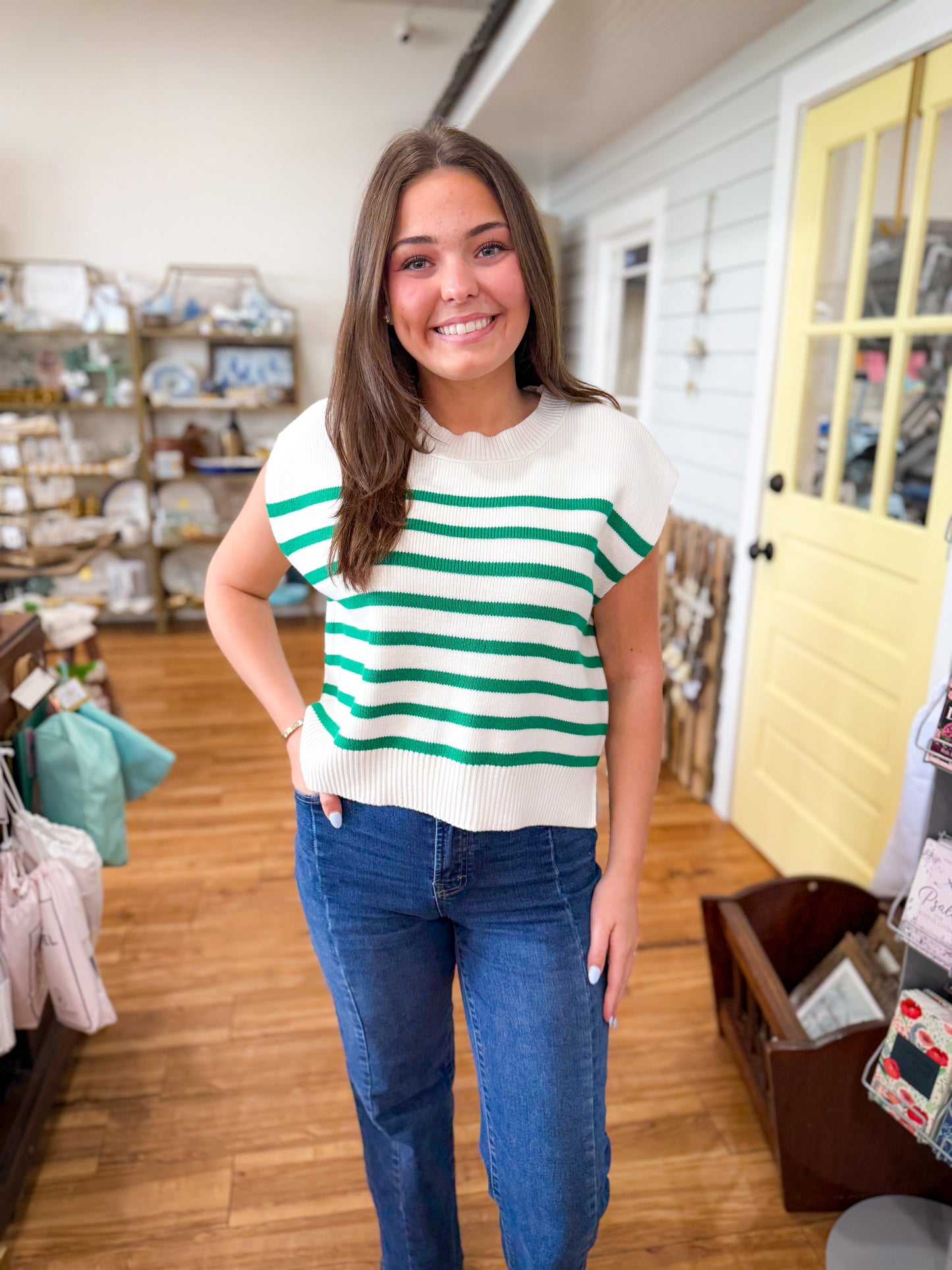 Oversized Crew Neck Stripe Sweater Vest- Kelly Green