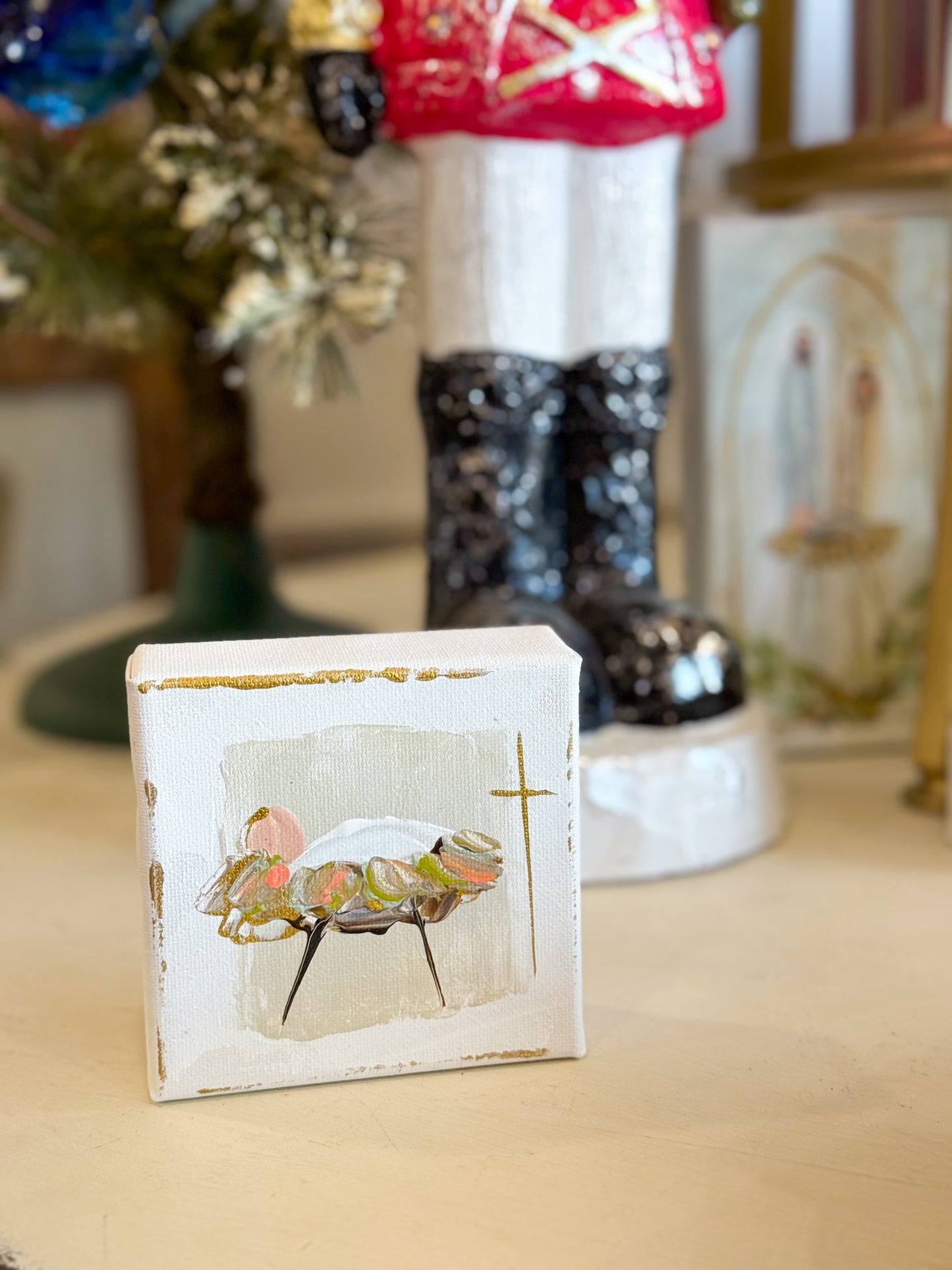 4x4 White/Tan Jesus in the Manger — Hand-Painted Art