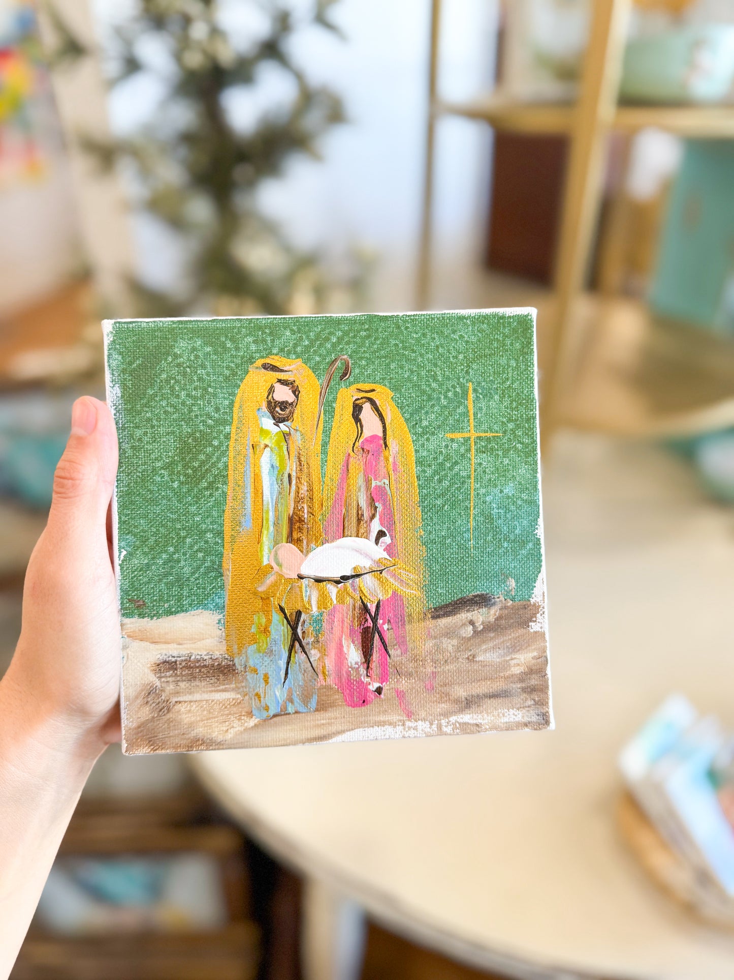 6x6 Green Holy Night Nativity — Hand-Painted Art