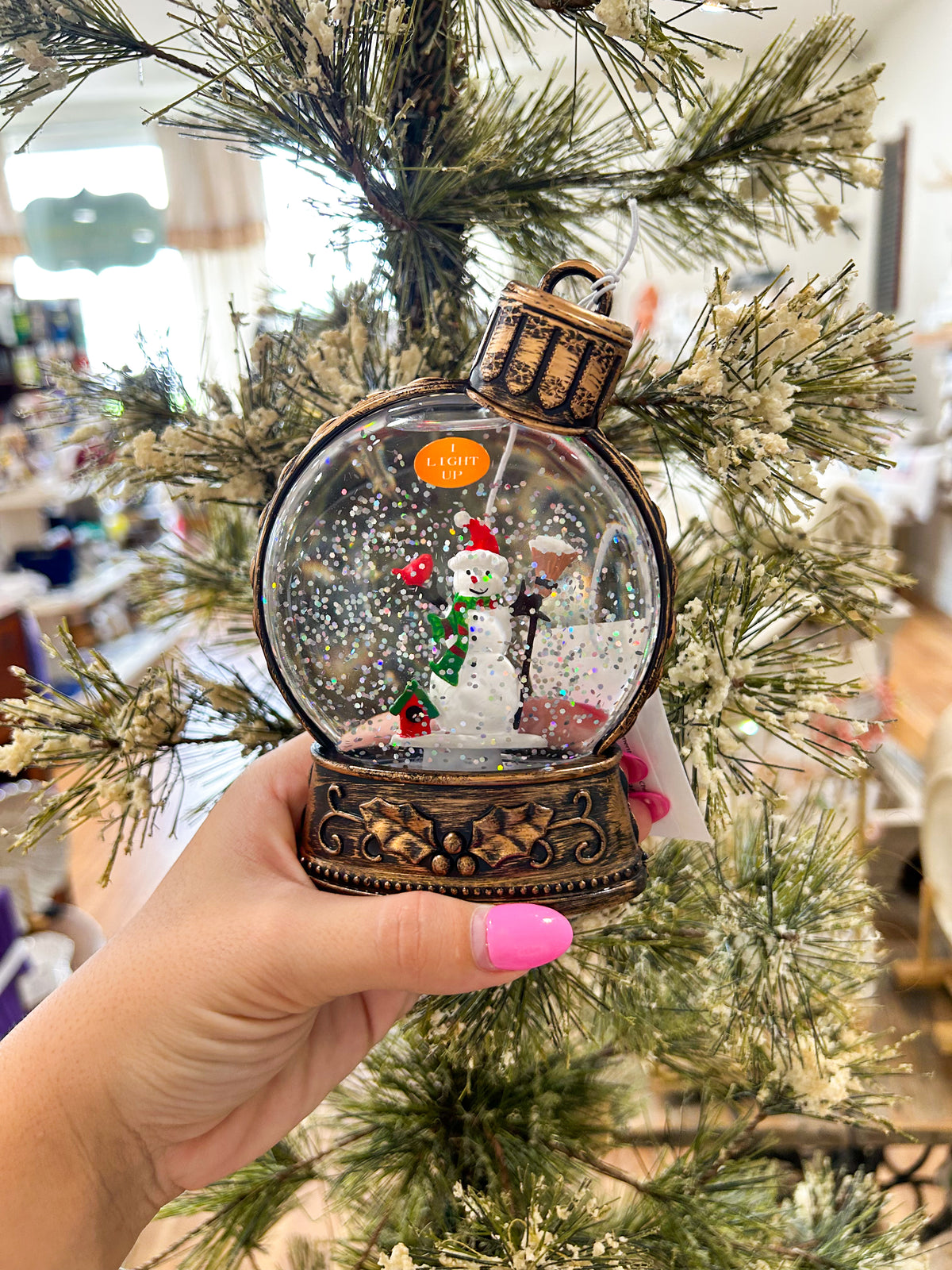Flat Snowglobe Ornament-- Santa, Child at Christmas, & Snowman